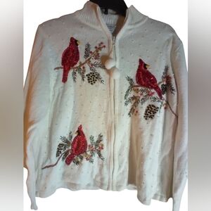 Heirloom Collection Embroidered Cardinal Sequins Zip-Up Sweater Size PL Outdoors